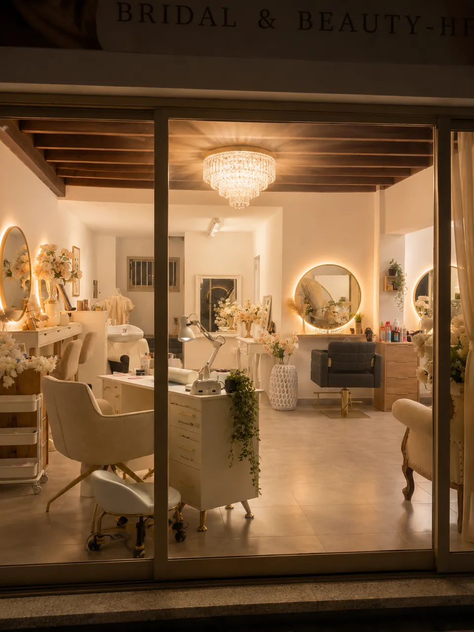 The Freya salon glowing at night
