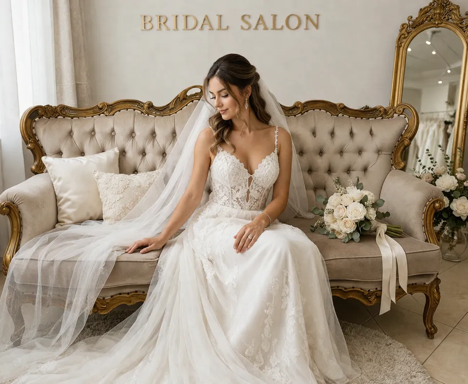 Bride on a velvet sofa in the bridal salon