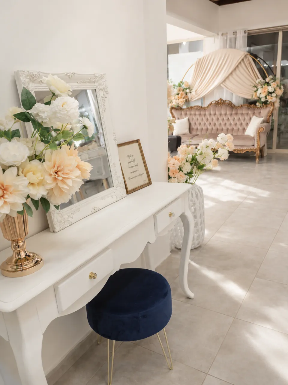 White vanity and mirror in the suite