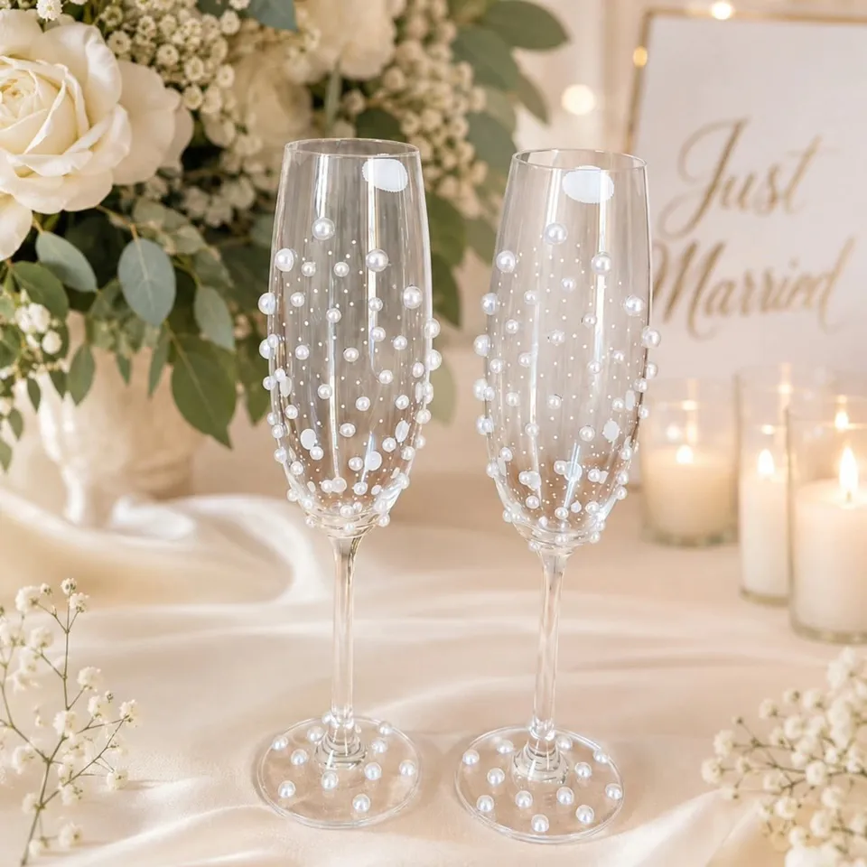 Pearl champagne flutes and roses