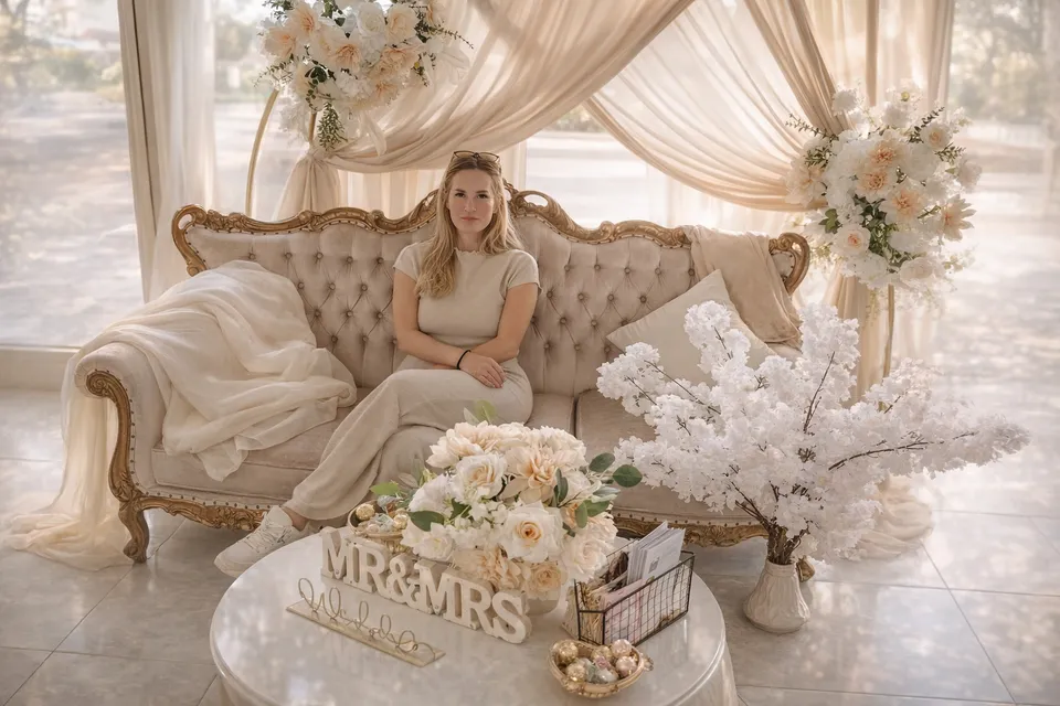 Bride relaxing in the suite lounge