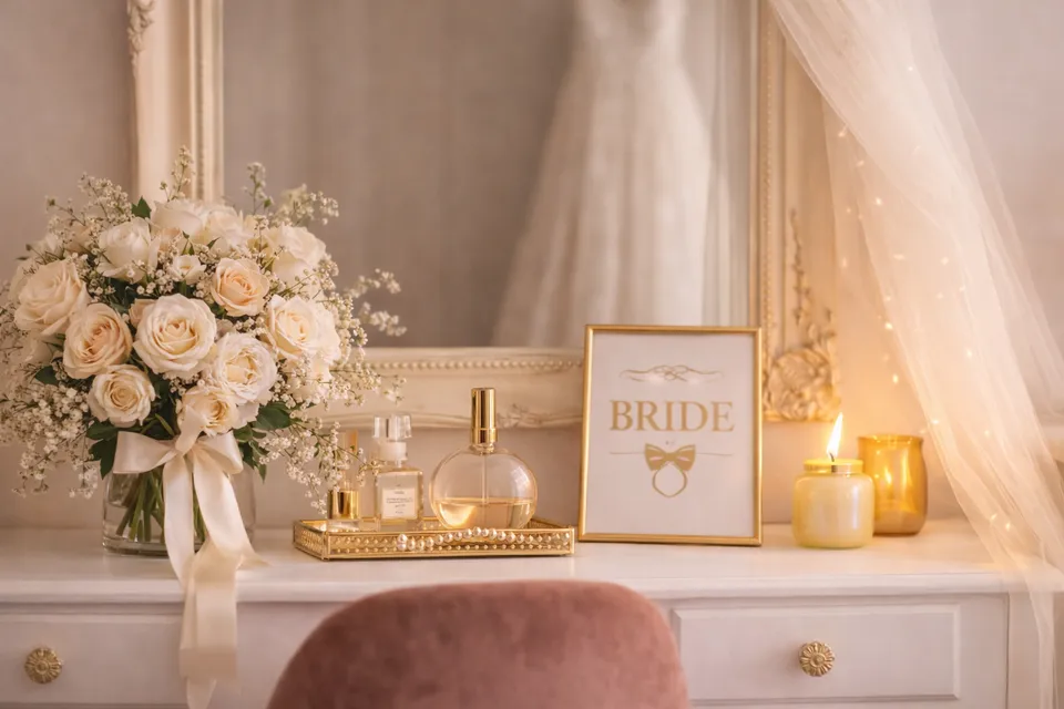 Bride sign and flowers at the vanity