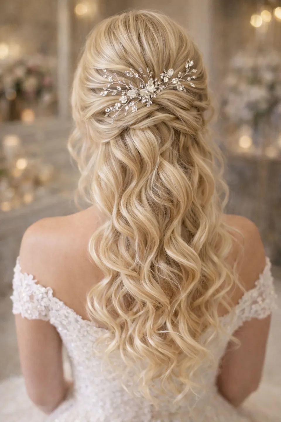 Half up bridal waves with a crystal hair vine