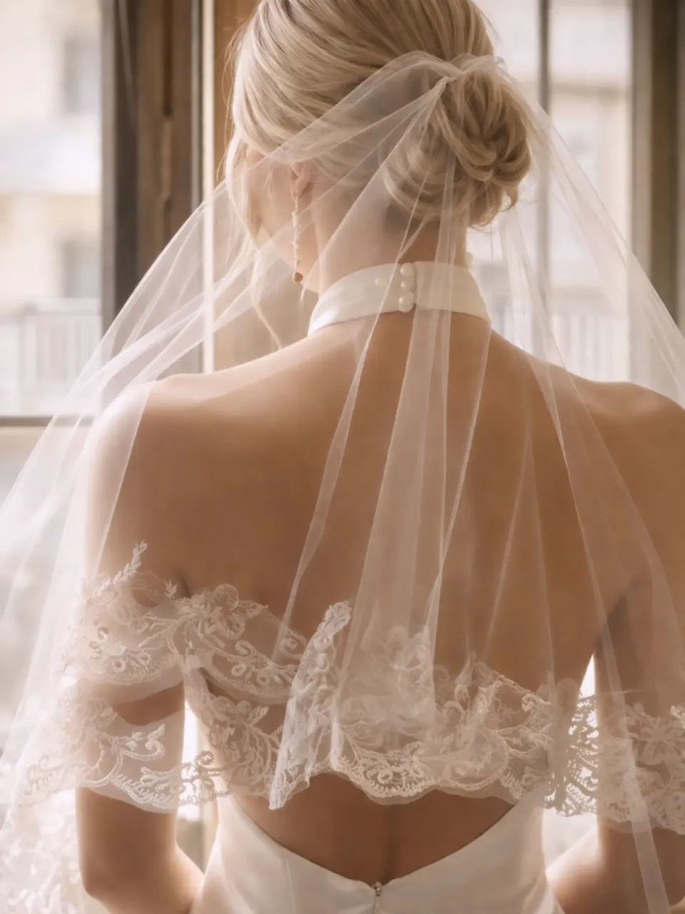 Sleek bun under a lace edged veil