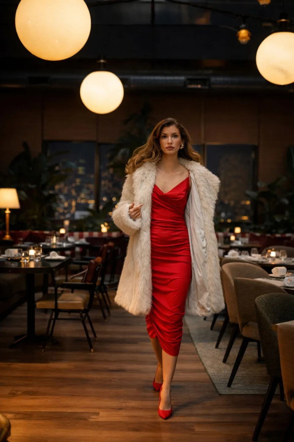 Red dress and a fur coat in a restaurant