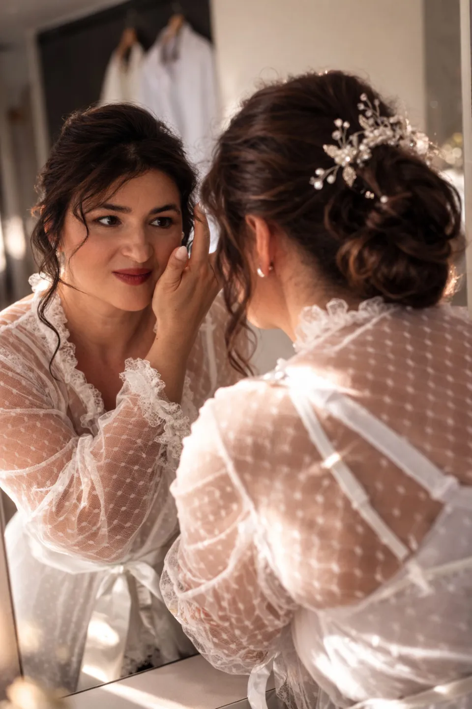 Bride and bridesmaid getting ready in lace