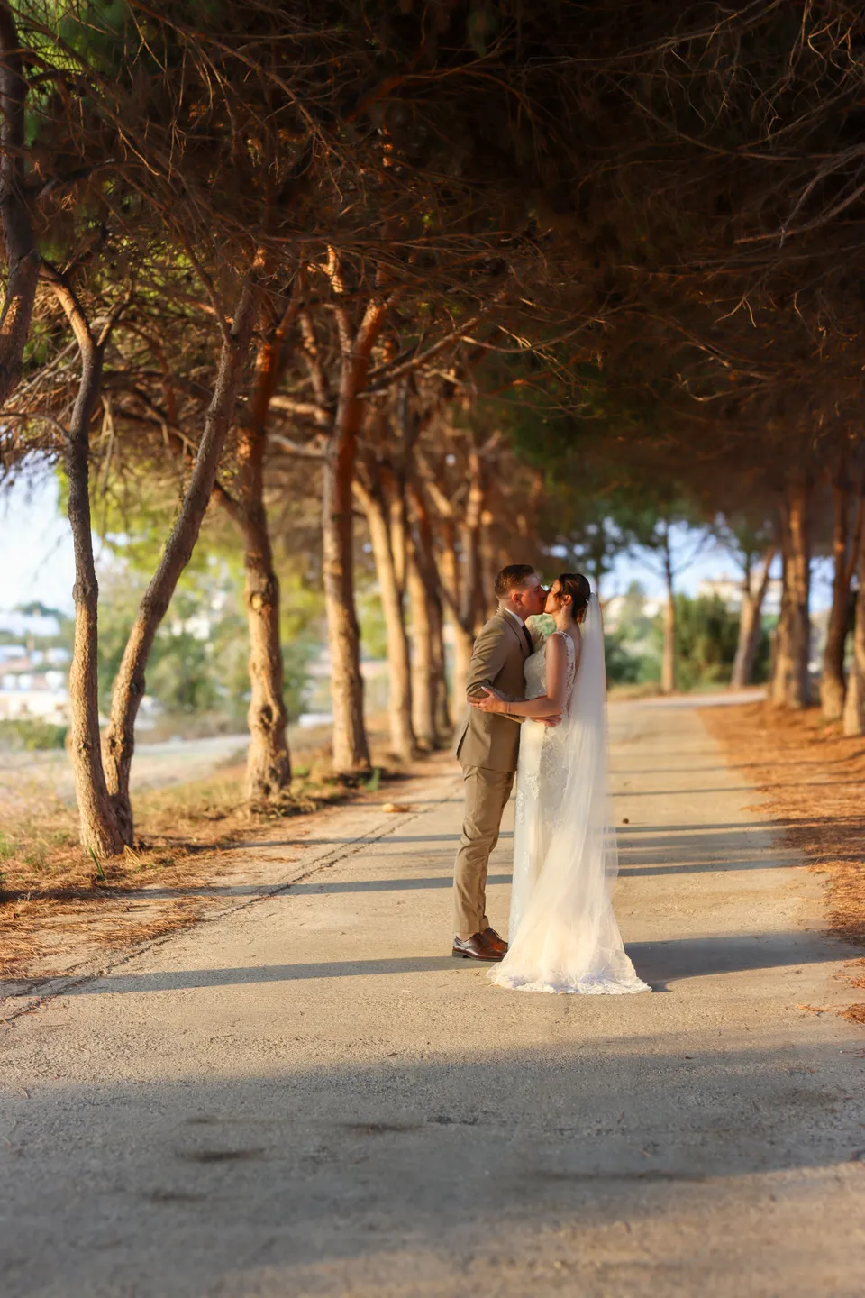 Couple under an avenue of trees at sunset