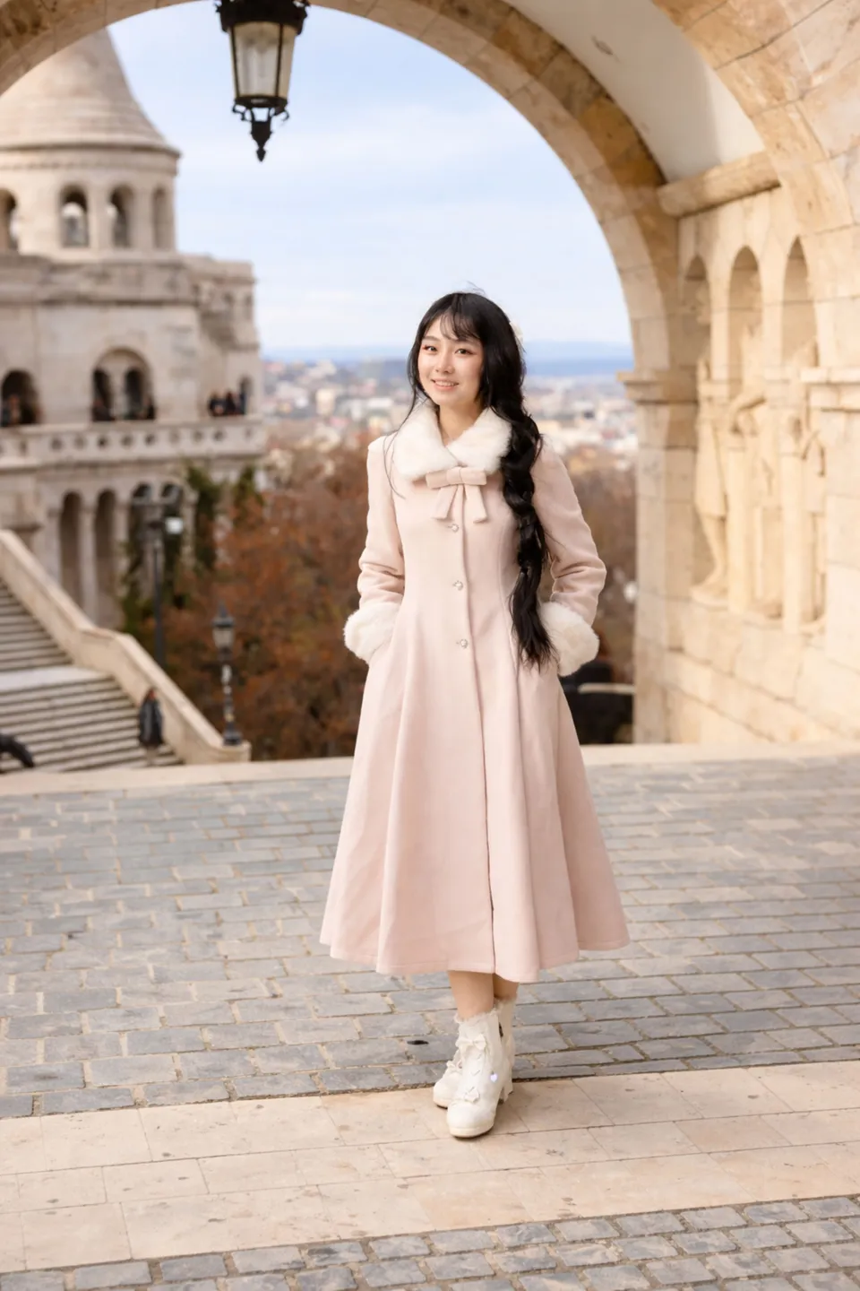 Winter coat portrait in Budapest