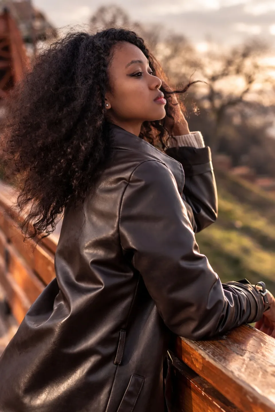 Portrait in a leather jacket at golden hour