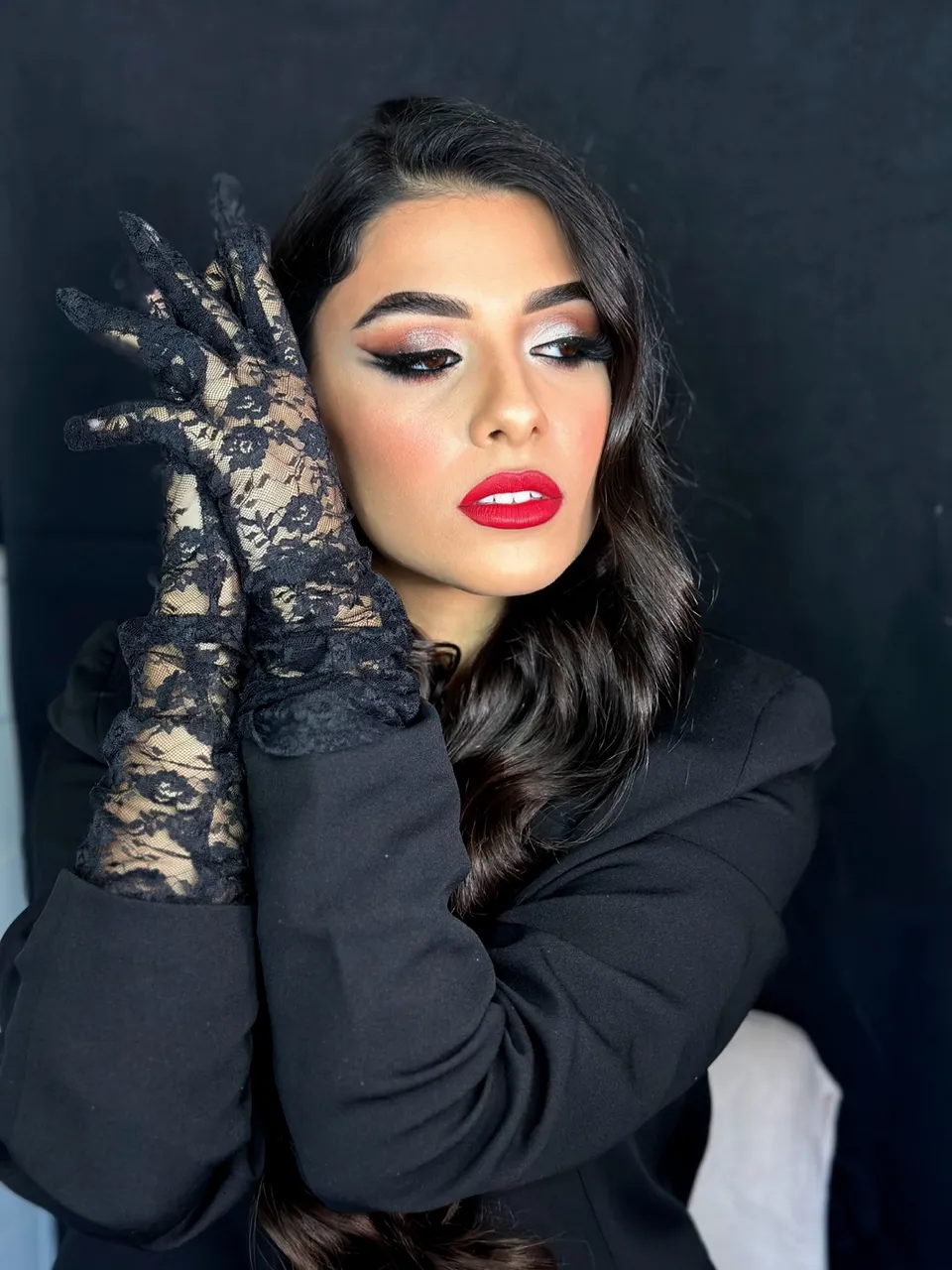 Lace gloves and a bold lip
