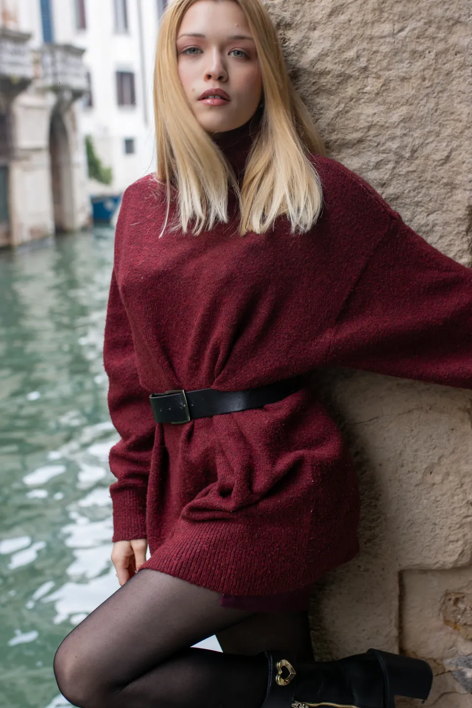 Burgundy knit by a Venice canal